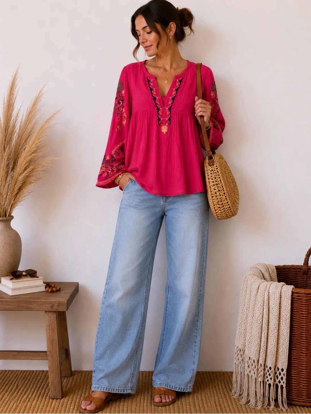 Embroidered V-Neck Peasant Tunic - Fuchsia